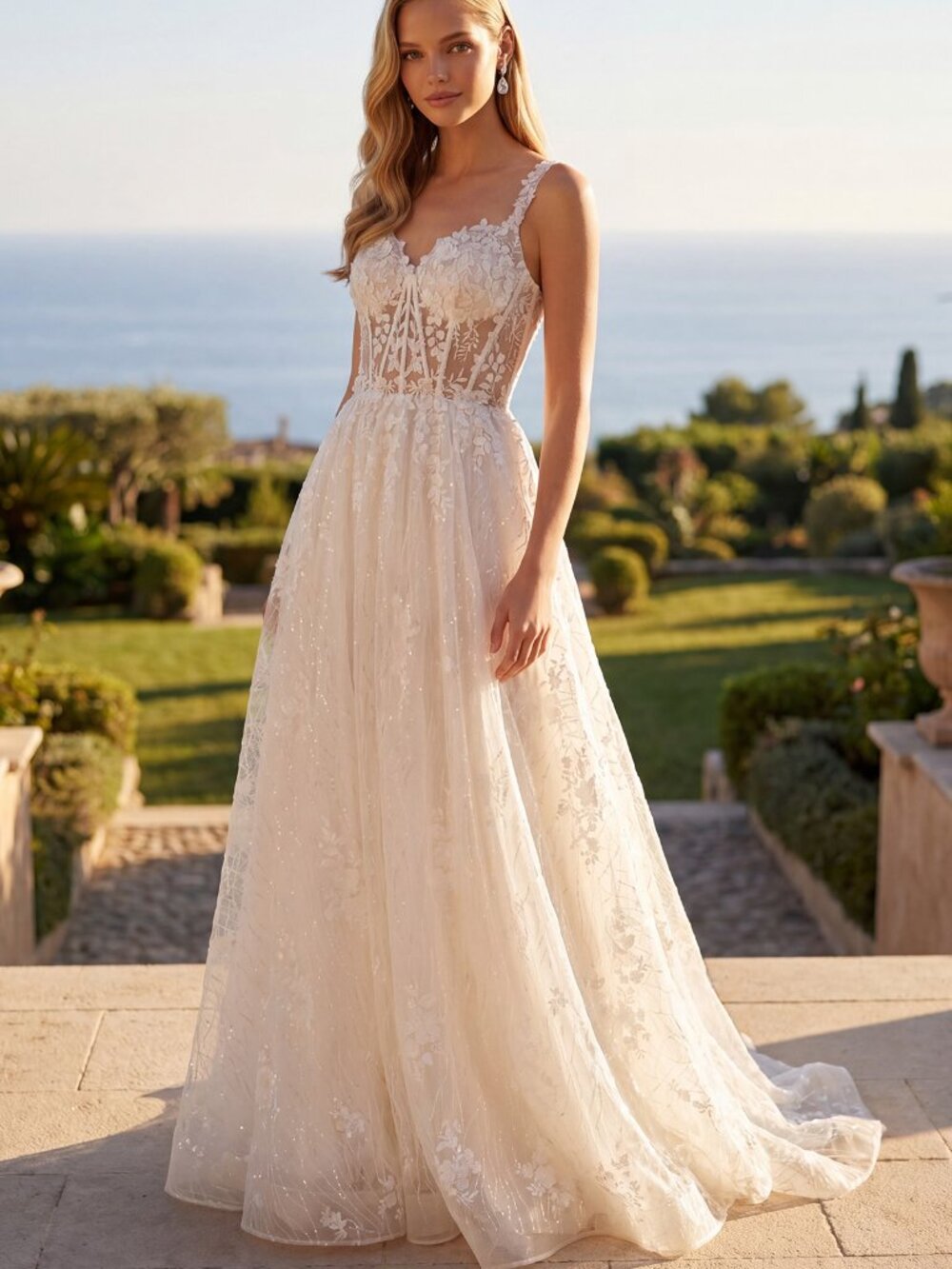 SLEEVELESS OFF WHITE WEDDING DRESS. FLORAL LACE APPLIQUE BEADED BRIDAL GOWN